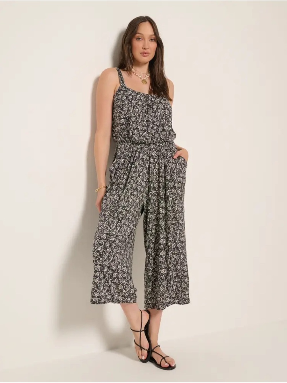 SHEIN Black Floral Wide-Leg Jumpsuit